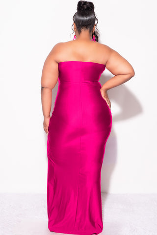 Final Sale Plus Size Strapless Ruffle Dress with Slit in Fuchsia