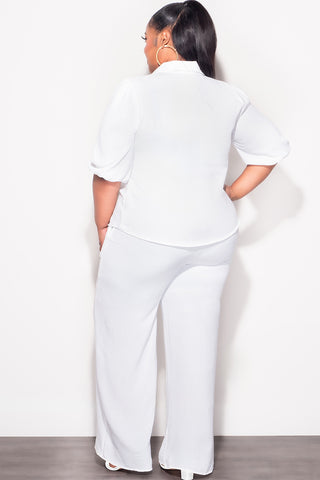 Final Sale Plus Size 2pc Button Up Collar Top and Pants Set in Off White Linen