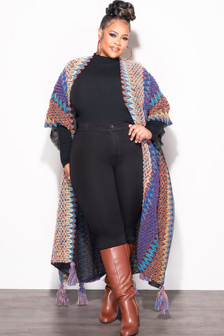 Final Sale Plus Size Knitted Cardigan with Bottom Tassels in Blue, Brown and Black