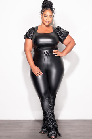 Final Sale Plus Size Puffed Sleeve Faux Leather Top in Black (Top Only)