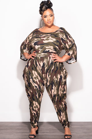 Final Sale Plus Size Jumpsuit with Harem Effect in Camo Print