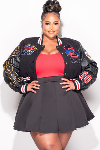 Final Sale Plus Size Cropped Varsity Jacket with Patches in Black, Red, Blue & Yellow