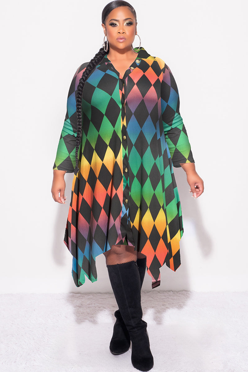 Final Sale Plus Size Collar Button Up High Low Shirt Dress in Diamond Rainbow Print