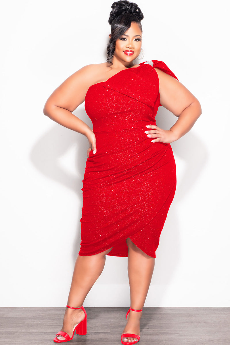 Final Sale Plus Size Glitter One Shoulder Ruched Dress Bow in Red