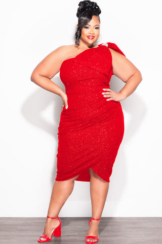 Final Sale Plus Size Glitter One Shoulder Ruched Dress Bow in Red