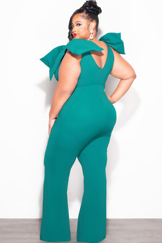 Final Sale Plus Size Jumpsuit with Bow on Shoulders in Green