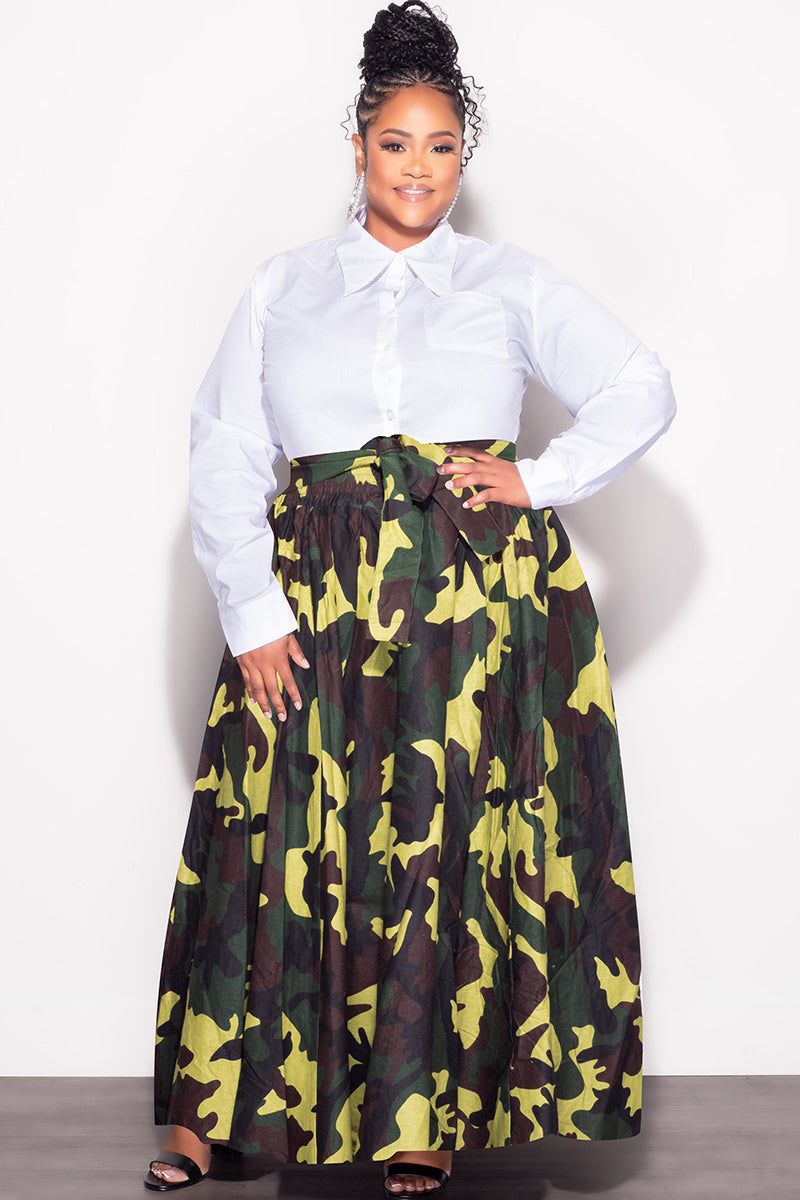 Final Sale Plus Size High Waist Maxi Skirt with Tie in Camouflage Print