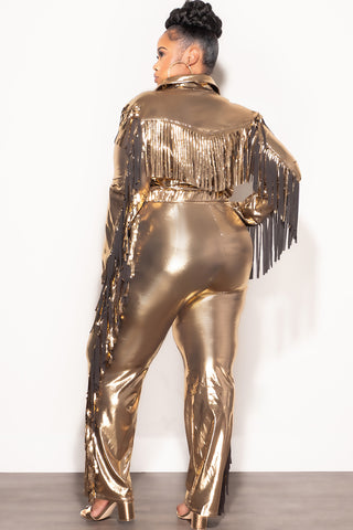 Final Sale Plus Size 2pc Fringe Zip Up Collar Top & Pants Set in Metallic Gold
