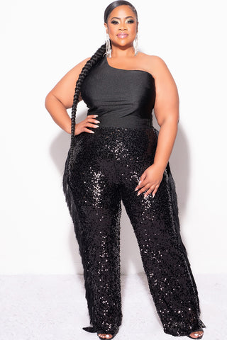 Final Sale Plus Size 2pc One Shoulder ToP and Sequin Fringe Pants in Black