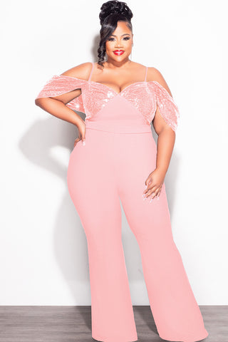 Final Sale Plus Size Off The Shoulder Faux Wrap Sequin Jumpsuit Mauve Pink