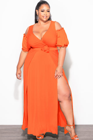 Final Sale Plus Size 2pc Faux Wrap Crop Tie Top and Double Slit Skirt Set in Neon Orange