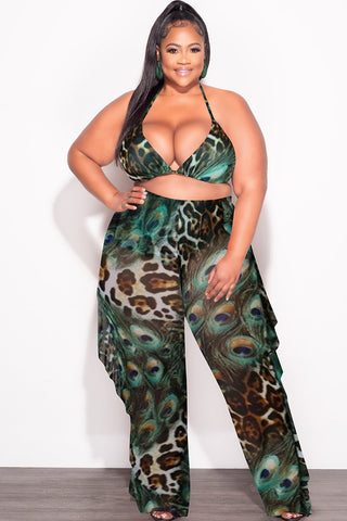 Final Sale Plus Size 3pc Poolside Playsuit Set (Top, High Waist Bottoms & Sheer Ruffle Pants) in Mix Animal Print