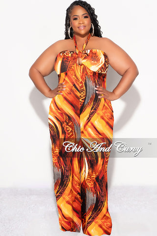 Final Sale Plus Size Halter Jumpsuit in Orange Multi Print