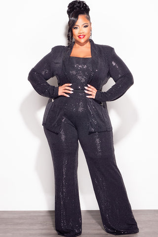 Final Sale Plus Size 3pc Confetti Dot Knit Sequin Pant Set in Black (Wide Legs)