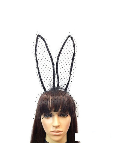 Final Sale Nlack Lace Rabbit Ears Headband with Mini-Dotted Mesh Veil