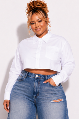 Final Sale Plus Size Cropped Button Down Collar Button Blouse Poplin in White