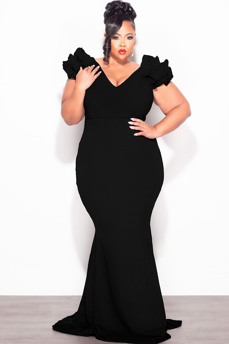 Final Sale Plus Size Gown with Layered Sleeves in Solid Black  (Non-Glitter Fabric)
