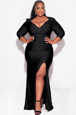 Final Sale Plus Size Shiny Faux Wrap Gown with Slit in Black