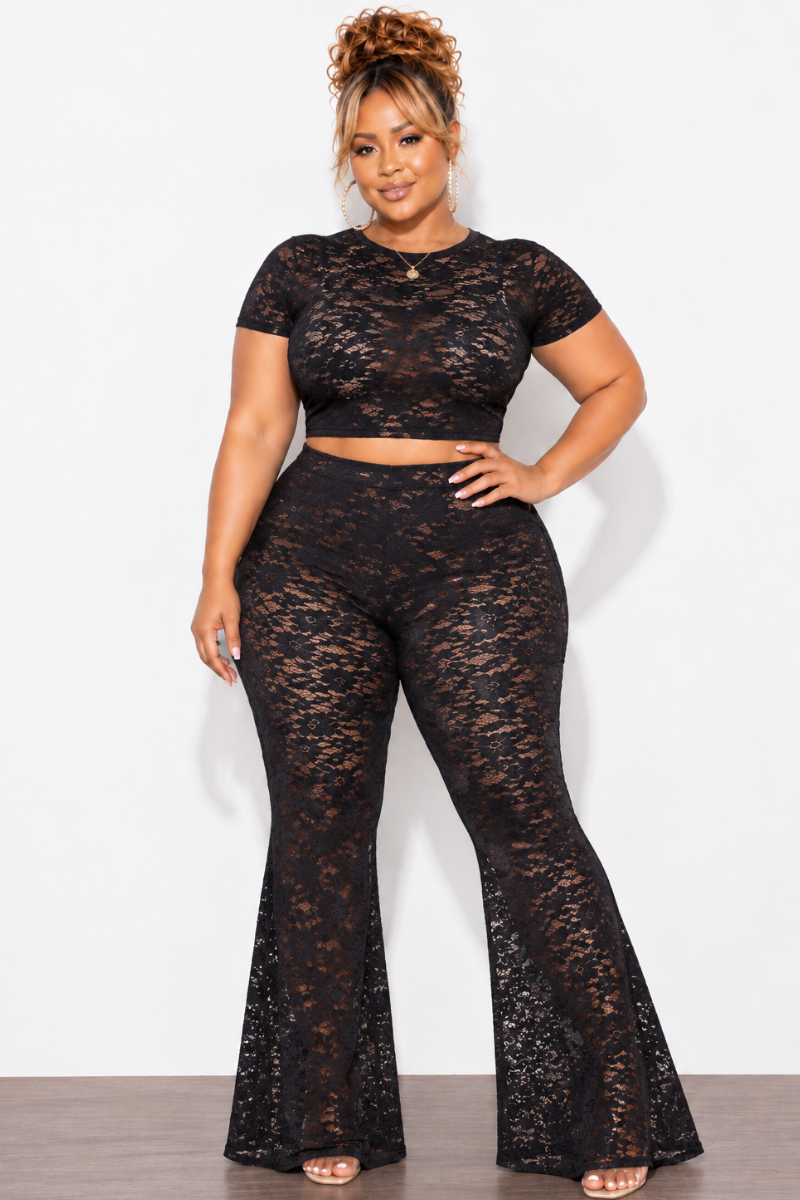 Final Sale Plus Size 2pc Short Sleeve Crop Lace Top & Pant in Black