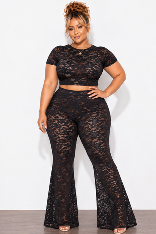 Final Sale Plus Size 2pc Short Sleeve Crop Lace Top & Pant in Black