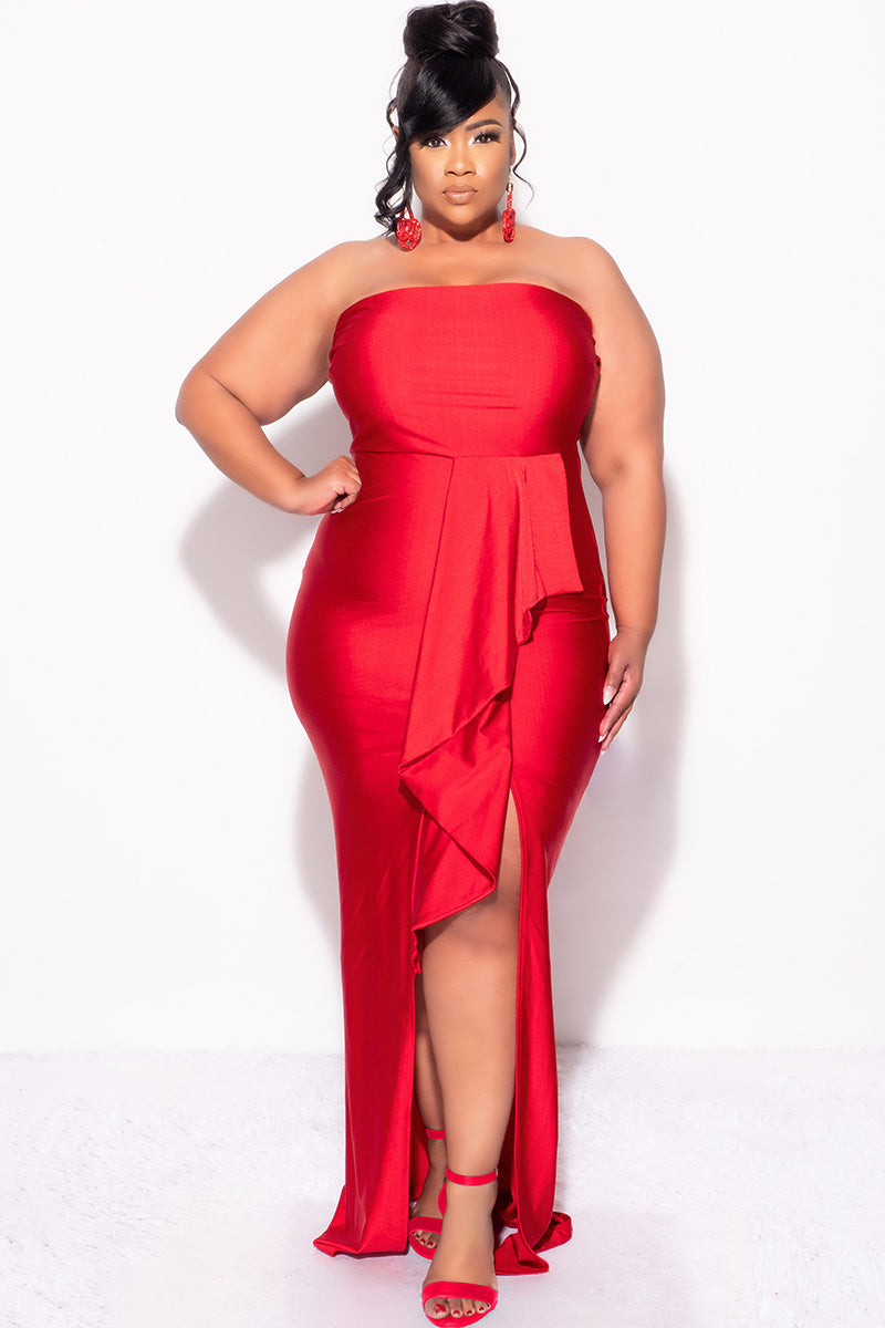Final Sale Plus Size Strapless Ruffle Dress with Slit in Red Final Sale Plus Size Strapless Ruffle Dress with Slit in Red