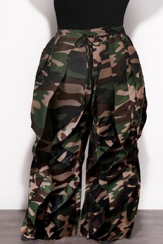 Final Sale Plus Size Wide Leg Drawstring Oversized Windbreaker Wavy Pants in Dark Camouflage Print