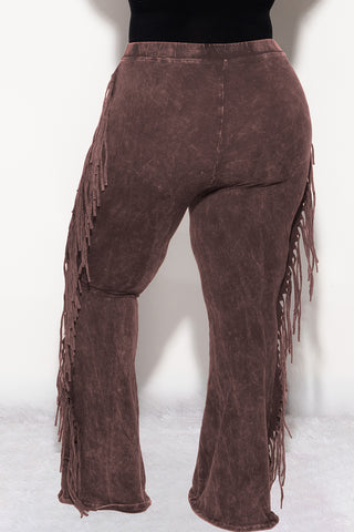 Final Sale Plus Size High Waist Fringe Trim Pants in Brown Acid Wash Print Jersey