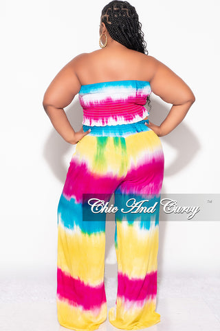 Final Sale Plus Size 2pc Strapless Frill Crop Top and Palazzo Pants Set Multi-Color Tie Dye Print