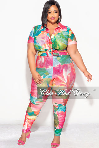 Final Sale Plus Size 2pc Button Up Collar Top and Pants Set in Pink and Green Tropical Print