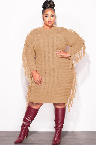 Final Sale Plus Size Fringe Sweater Dress in Tan