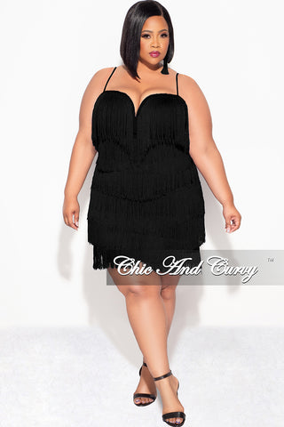 Final Sale Plus Size Spaghetti Strap BodyCon Fringe Dress in Black