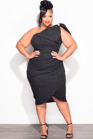 Final Sale Plus Size Glitter One Shoulder Ruched Dress Bow in Black