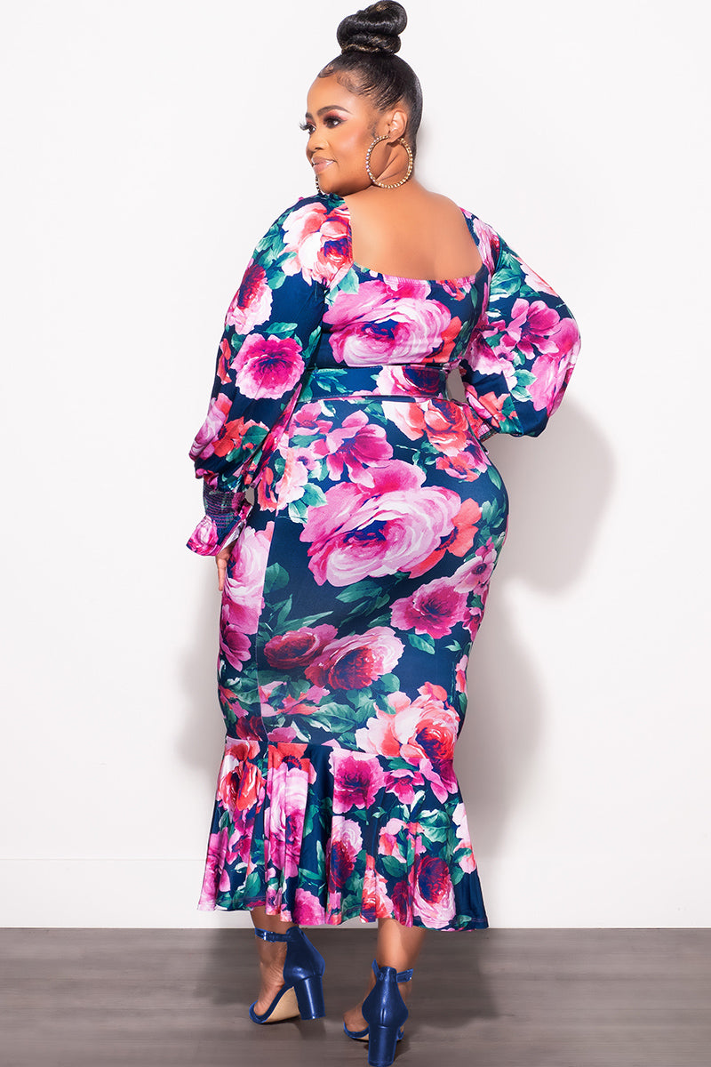 Final Sale Plus Size Midi BodyCon Dress with Ruffle Bottom in Navy Flo – Chic And Curvy Final Sale Plus Size Midi BodyCon Dress with Ruffle Bottom in Navy Flo – Chic And Curvy