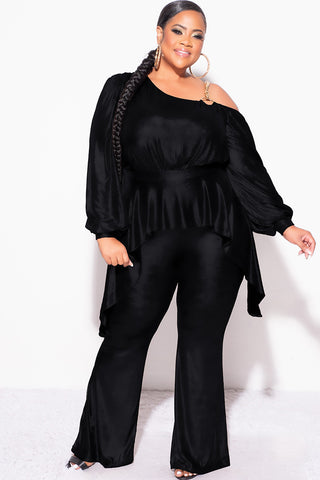 Final Sale Plus Size Cold Shoulder with Gold Chain & Asymmetrical Ruffle Peplum Jumpsuit in Black