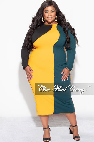 Final Sale Plus Size Ribbed BodyCon Colorblock Midi Dress with Outer Seams in Green Mustard and Black