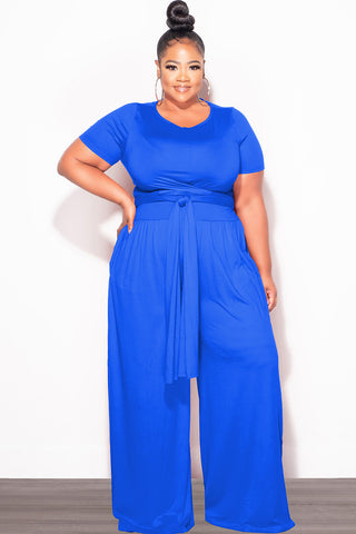 Final Sale Plus Size 2pc Short Sleeve Tie Top and Pants Set in Royal Blue