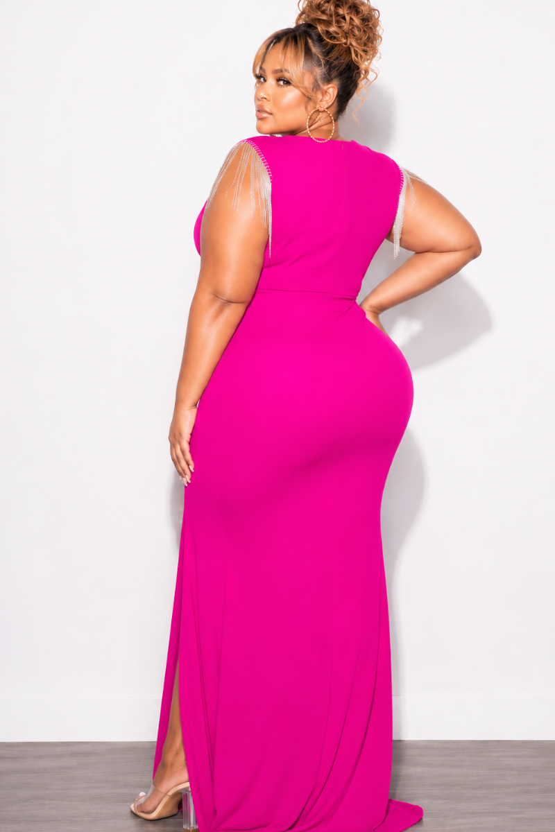 fuchsia maxi dress plus size Women's Plus Fuchsia Plunge Frill Detail Maxi Dress