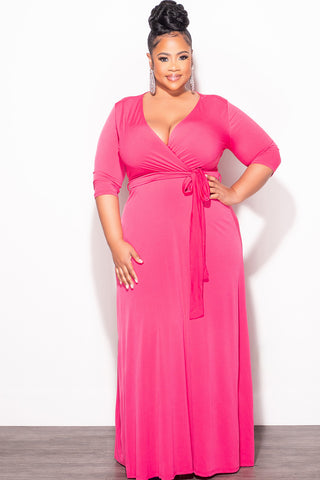 Final Sale Plus Size Faux Wrap Dress in Pink Fuchsia