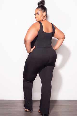 Final Sale Plus Size Ribbed 2pc Sleeveless Lace Up Tank Top & Pants Set in Black