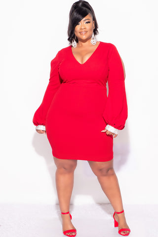 Final Sale Plus Size BodyCon Dress with Slit Sleeves and Rhinestone Cuff in Red