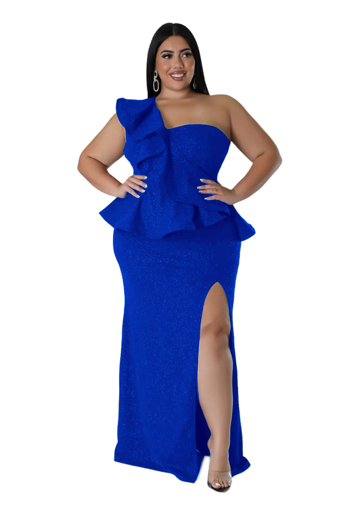 Final Sale Plus Size One Shoulder Layered Ruffle Gown in Royal Blue Glitter - 1x 14/16 Final Sale Plus Size One Shoulder Layered Ruffle Gown in Royal Blue Glitter - 1x 14/16