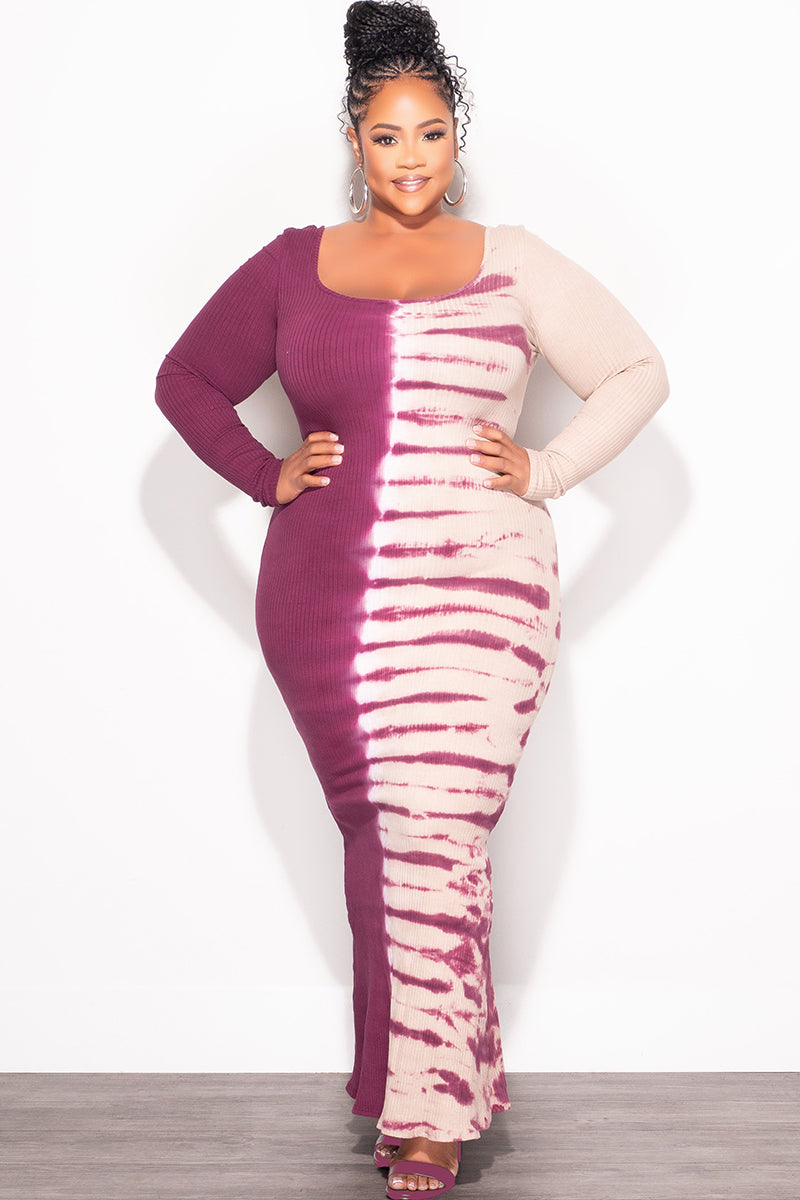 Final Sale Plus Size Thick Ribbed BodyCon Colorblock Midi Dress in Burgundy and Tan Tie Dye Print