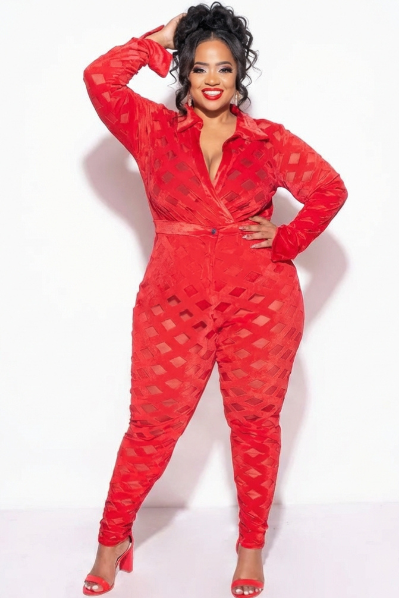 Final Sale Plus Size 2Pc Velvet Pants & Long Sleeve Bodysuit in Red