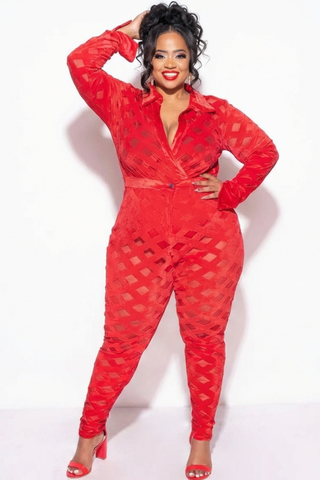 Final Sale Plus Size 2Pc Velvet Pants & Long Sleeve Bodysuit in Red