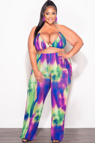 *Final Sale Plus Size  3pc Poolside Playsuit (Top, High Waist Bottoms & Pants) Set in Neon Watercolors
