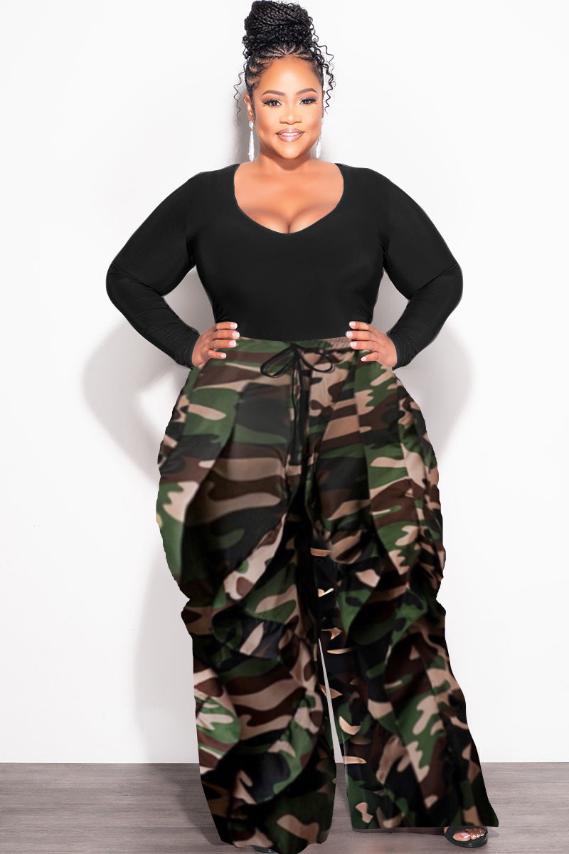 Final Sale Plus Size Wide Leg Drawstring Oversized Windbreaker Wavy Pants in Dark Camouflage Print