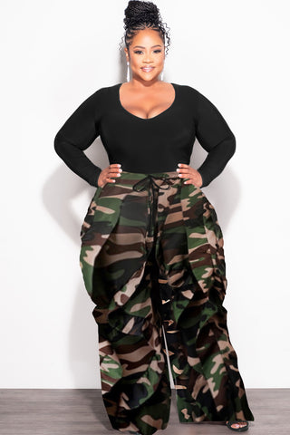 Final Sale Plus Size Wide Leg Drawstring Oversized Windbreaker Wavy Pants in Dark Camouflage Print
