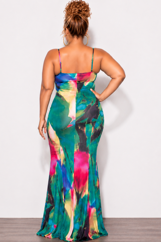 Final Sale Plus Size Spaghetti Strap Mermaid Gown in Green Multi Color