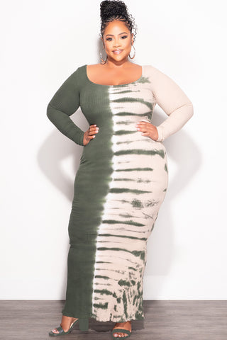 Final Sale Plus Size Thick Ribbed BodyCon Colorblock Midi Dress in Olive and Tan Tie Dye Print