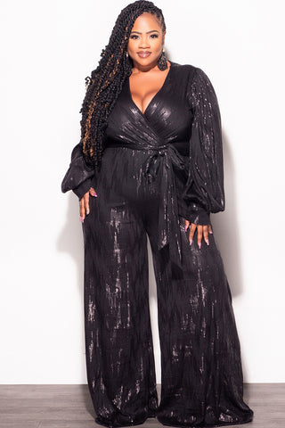 Final Sale Plus Size Faux Wrap Tie Jumpsuit in Black Faux Sequin